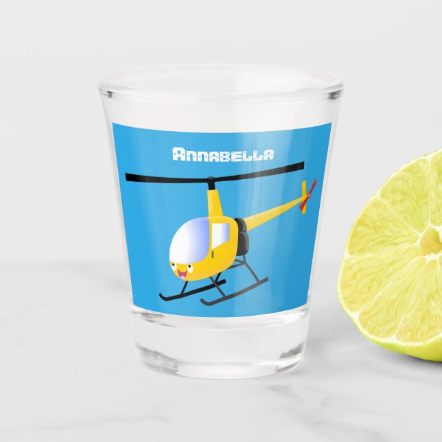 Cute yellow happy cartoon helicopter shot glass (Front)