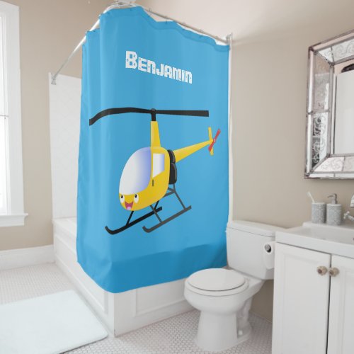 Cute yellow happy cartoon helicopter shower curtain