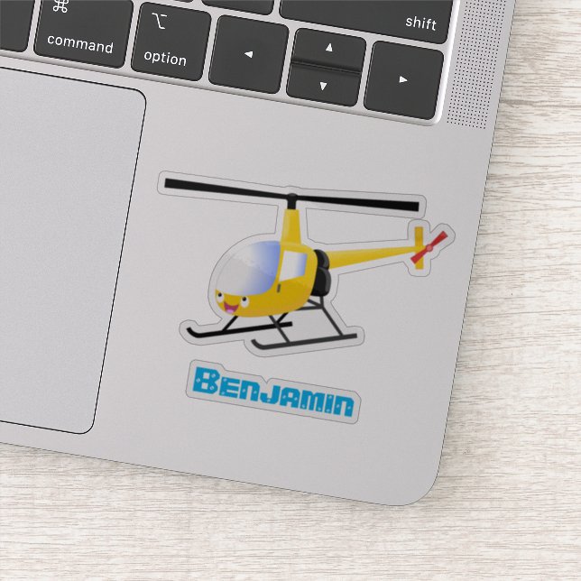 Cute yellow happy cartoon helicopter sticker (Detail)