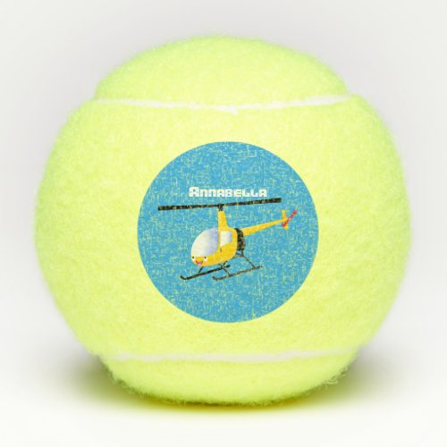 Cute yellow happy cartoon helicopter tennis balls