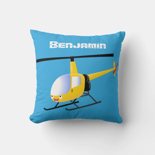 Cute yellow happy cartoon helicopter throw pillow (Front)