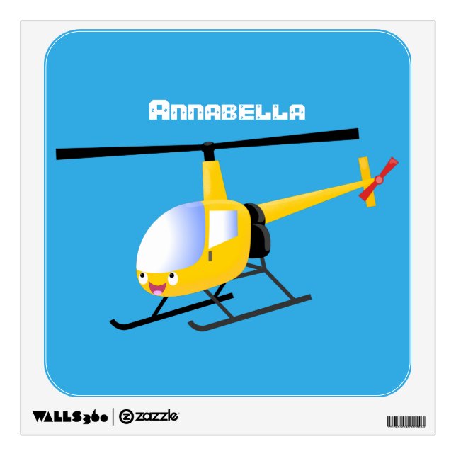 Cute yellow happy cartoon helicopter wall decal (Front)