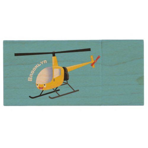 Cute yellow happy cartoon helicopter wood flash drive