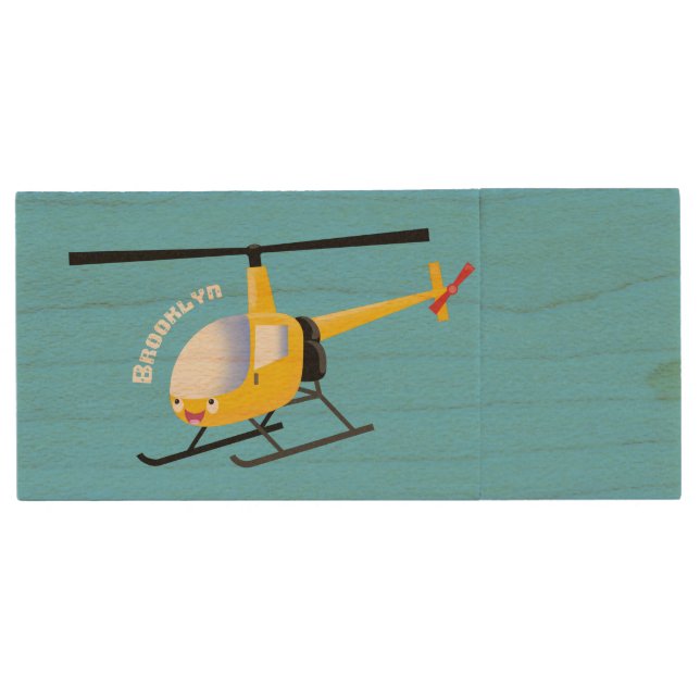 Cute yellow happy cartoon helicopter wood flash drive (Front)