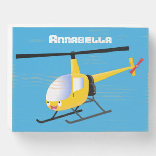 Cute yellow happy cartoon helicopter wooden box sign