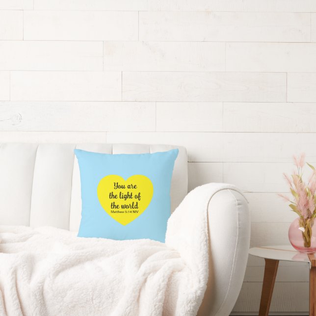 Cute Yellow Heart Bible Verse Words of Jesus Blue Throw Pillow (Couch)