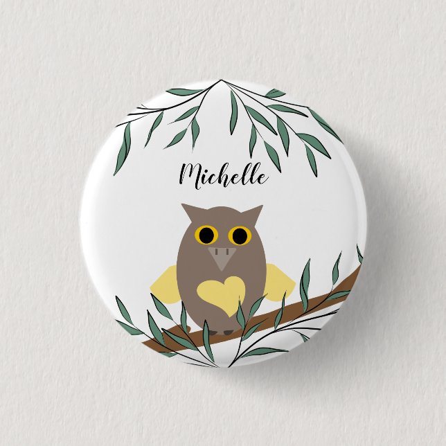 Cute Yellow Heart Owl On Branch Personalized  Button (Front)