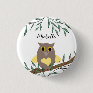 Cute Yellow Heart Owl On Branch Personalized  Button