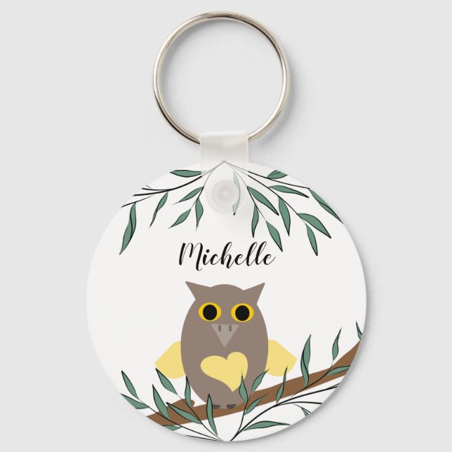 Cute Yellow Heart Owl On Branch Personalized Keychain (Front)
