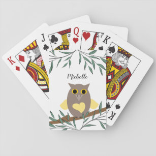Cute Yellow Heart Owl On Branch Personalized Name  Playing Cards