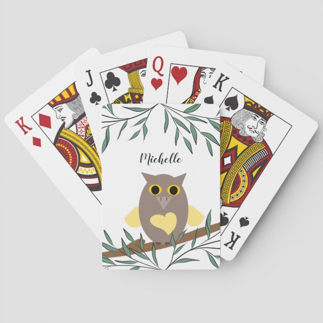 Cute Yellow Heart Owl On Branch Personalized Name  Poker Cards (Back)