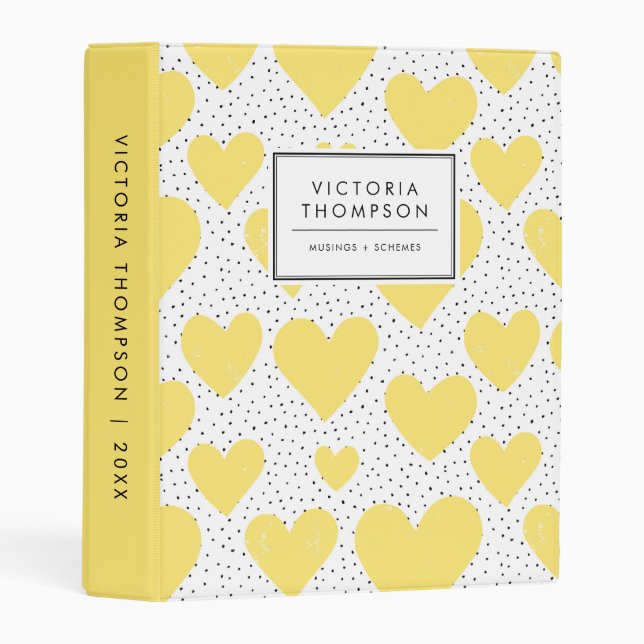 Cute Yellow Hearts and Black Confetti Pattern Mini Binder (Front/Spine)