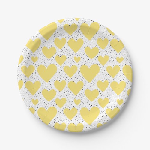 Cute Yellow Hearts and Confetti Pattern Party Paper Plates