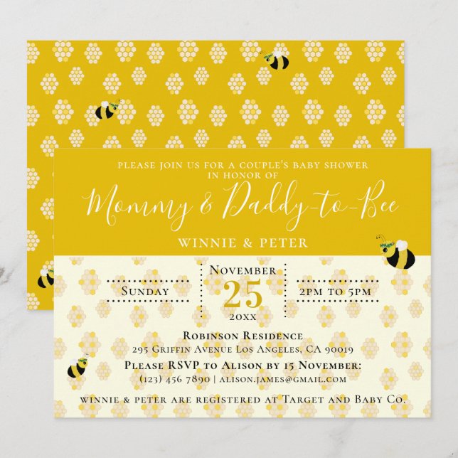 Cute Yellow Honeycomb Bee Couple's Baby Shower  Invitation (Front/Back)