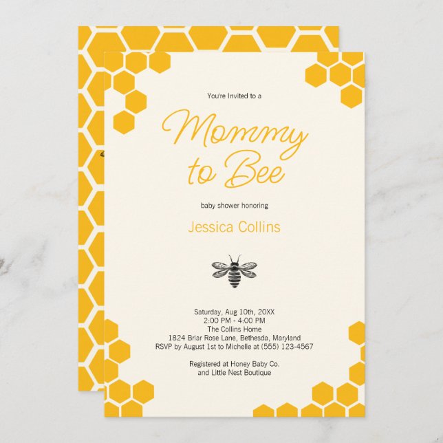 Cute Yellow Honeycomb Mommy to Bee Baby Shower Invitation (Front/Back)