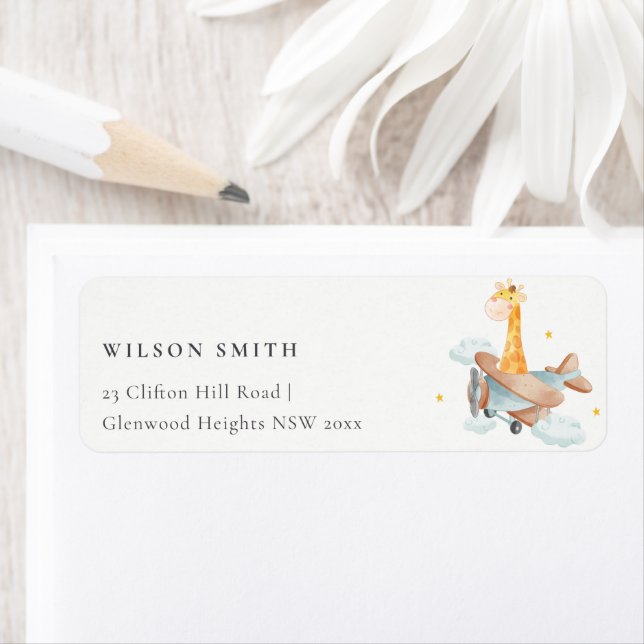Cute Yellow Kid Plane Giraffe Cloud Stars Address Label (Insitu)