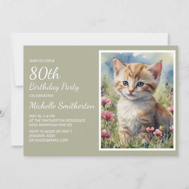 Cute Yellow Kitten Watercolor 80th Birthday Invitation (Front)