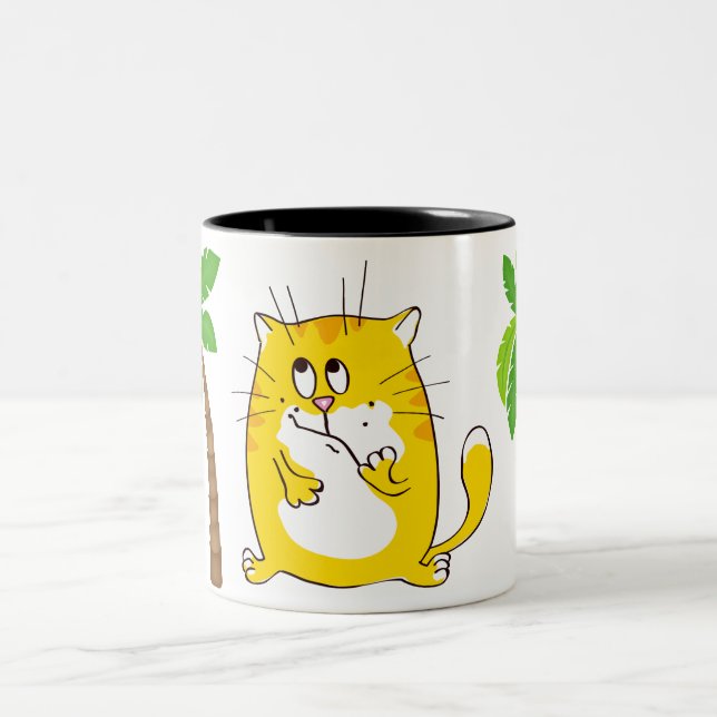 Cute Yellow Kitty Between Palm Trees Two-Tone Coffee Mug (Center)