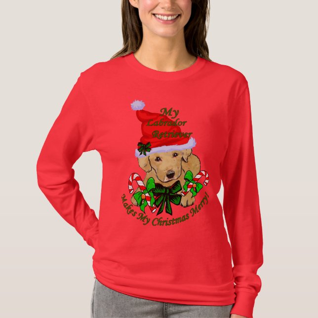Cute Yellow Lab Puppy Christmas T-Shirt (Front)