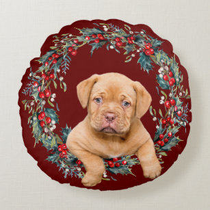Cute Yellow Lab Puppy Christmas Wreath Labrador Round Pillow