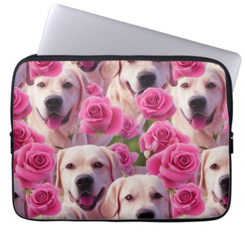 Cute Yellow Labrador Enchanted Pink Rose Garden Laptop Sleeve