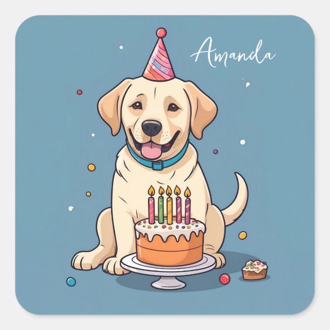 Cute Yellow Labrador Puppy Celebrating Birthday Square Sticker (Front)