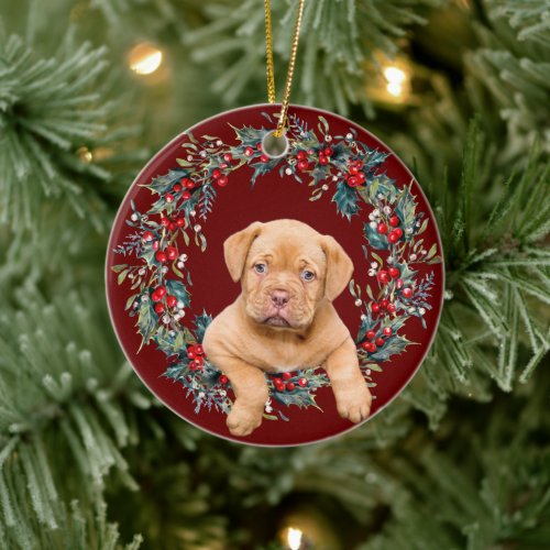 Cute Yellow Labrador Puppy Do Christmas wreath red Ceramic Ornament