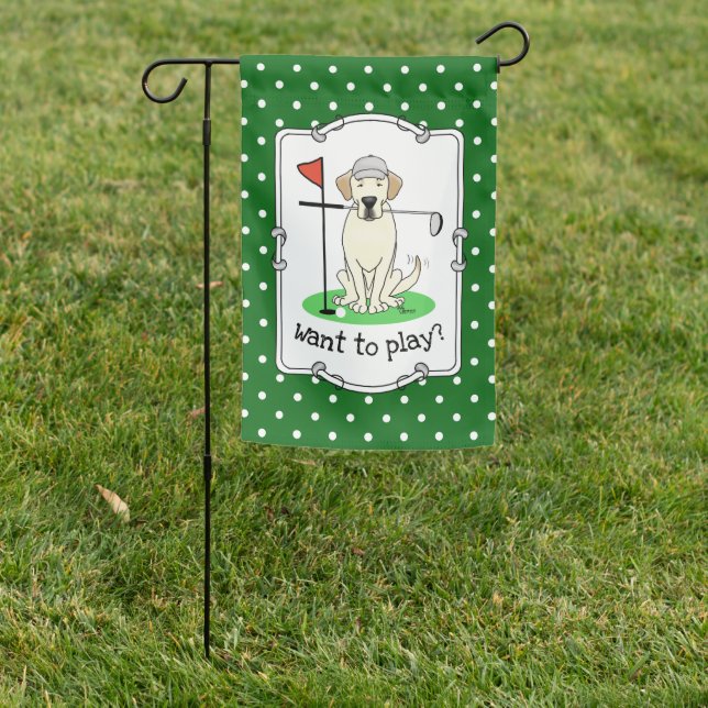 Cute Yellow Labrador Retriever Dog Playing Golf Garden Flag (In SItu)