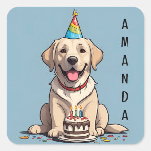 Cute Yellow Labrador with Birthday Cake Square Sticker