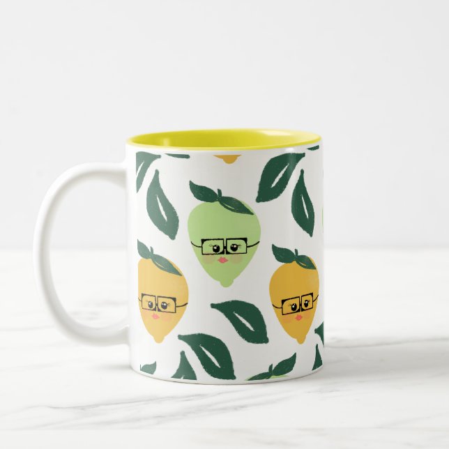 Cute yellow lemon cartoon funny illustration Two-Tone coffee mug (Left)