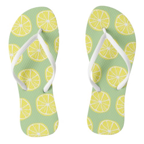 Cute Yellow Lemon Citrus Fruit Pattern Lime Green Flip Flops