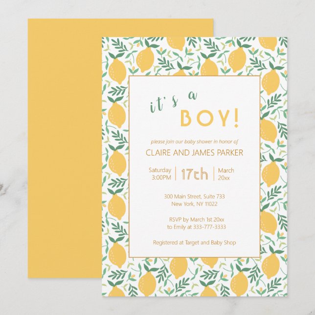 Cute Yellow Lemon Foliage | Baby Boy Shower Invitation (Front/Back)