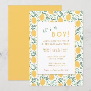 Cute Yellow Lemon Foliage   Baby Boy Shower Invitation