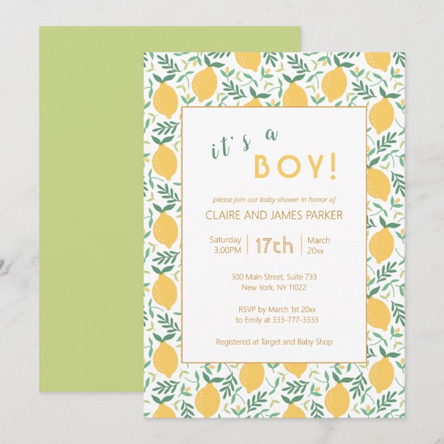 Cute Yellow Lemon Foliage | Baby Boy Shower Invitation (Front/Back)
