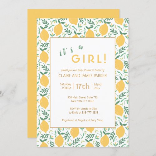 Cute Yellow Lemon Foliage  Baby Girl Shower  Invitation