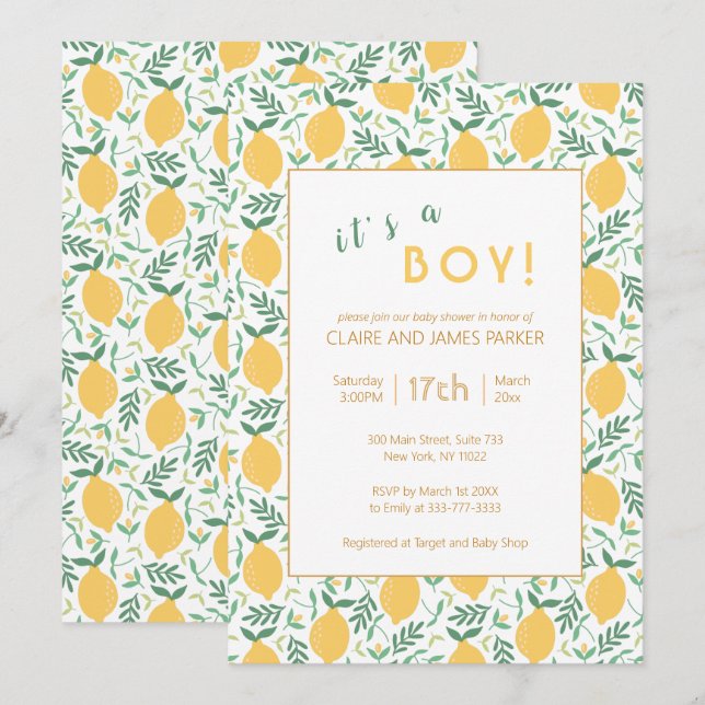 Cute Yellow Lemon Foliage | Boy Baby Shower Invitation (Front/Back)