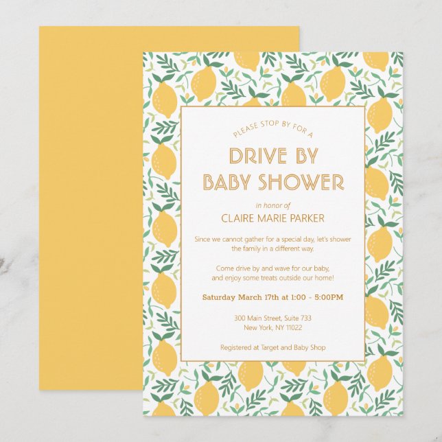 Cute Yellow Lemon Foliage Drive By Baby Shower Invitation (Front/Back)