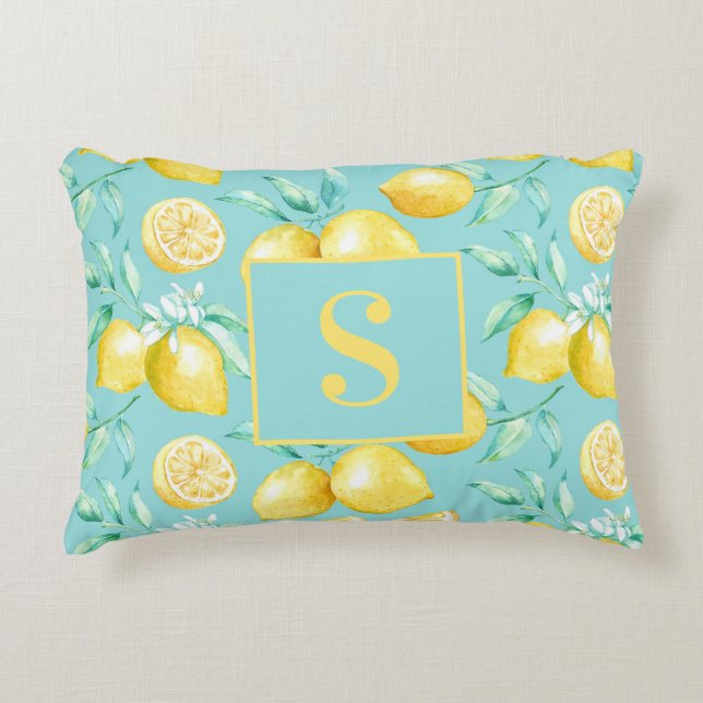 Cute Yellow Lemon Pattern on Light Blue Monogram Accent Pillow (Front)