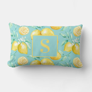 Cute Yellow Lemon Pattern on Light Blue Monogram Lumbar Pillow