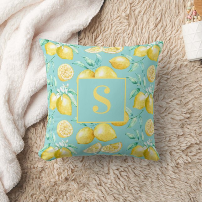 Cute Yellow Lemon Pattern on Light Blue Monogram  Throw Pillow (Blanket)