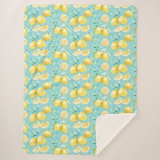 Cute Yellow Lemon Pattern on Light Blue   Sherpa Blanket