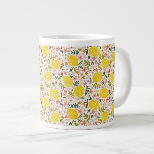 Cute Yellow Lemons Modern Pink Floral Giant Coffee Mug