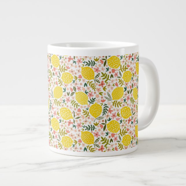 Cute Yellow Lemons Modern Pink Floral Giant Coffee Mug (Front Right)