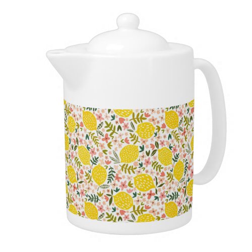 Cute Yellow Lemons Modern Pink Floral Pattern Teapot