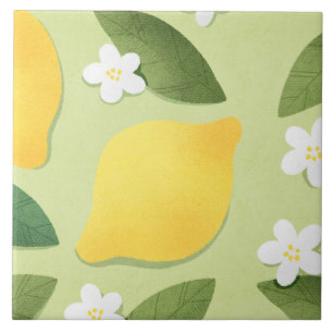 Cute yellow lemons, white flowers and green leaves ceramic tile
