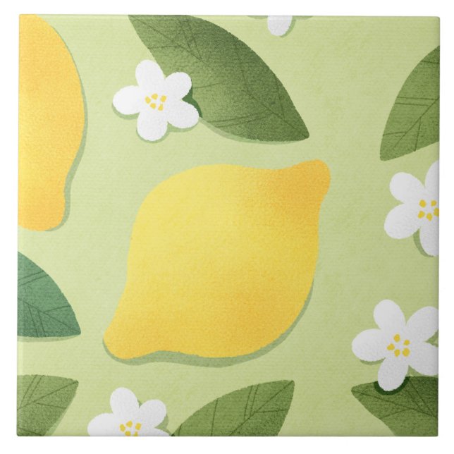 Cute yellow lemons, white flowers and green leaves ceramic tile (Front)