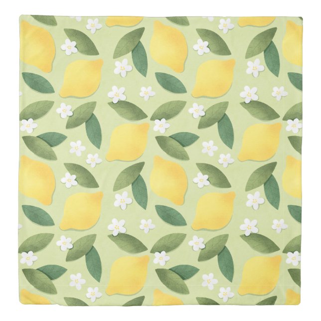 Cute yellow lemons, white flowers and green leaves duvet cover (Front)