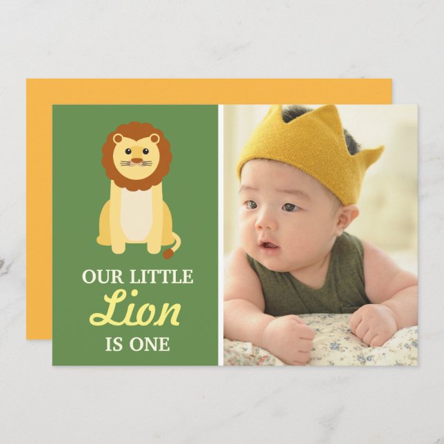 Cute Yellow Lion Baby Boy 1st First Birthday Party Invitation (Front/Back)