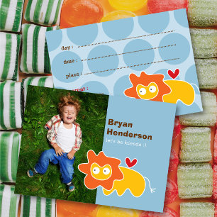 Cute Yellow Lion & Blue Dots Photo Kids Play Date Calling Card