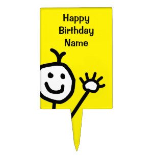 Cute Yellow Little Smiling Face Waving Birthday Cake Topper